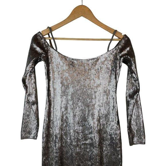 Express Dress Women Size Small Petite Pewter Bronze Sequins Mini Long Sleeve - Picture 2 of 11